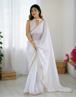 all about you Solid/Plain, Embroidered Bollywood Lace, Tissue Saree(White)
