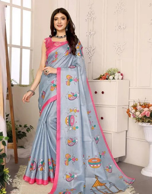 Kanooda Prints Printed Mysore Art Silk Saree(Grey)