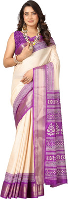 Virendra Textiles Printed Handloom Cotton Blend Saree(Purple, Beige)