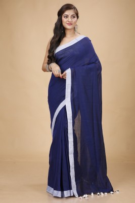 Tant Boutique Solid/Plain Handloom Cotton Blend Saree(Blue, White)