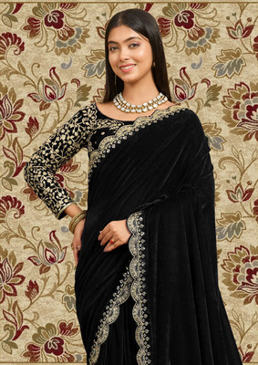hutah Self Design, Embroidered Banarasi Velvet, Cotton Blend Saree(Black)