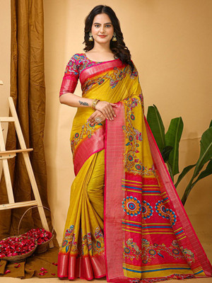 Anouk Rustic Printed Hand Batik Cotton Blend Saree(Yellow)