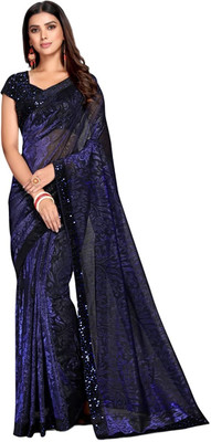 purplesky Embellished Bollywood Lycra Blend Saree(Dark Blue)
