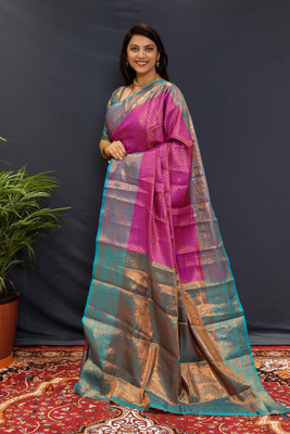 HouseOfCommon Self Design Banarasi Cotton Silk, Jacquard Saree(Purple)