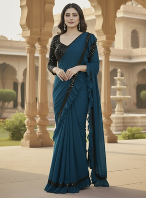 JB Vibe Collection Solid/Plain Daily Wear Lycra Blend Saree(Dark Blue)