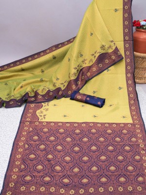 SHREE GHANSHYAM FASHION Embellished, Self Design, Woven, Printed Banarasi Georgette, Jacquard Saree(Light Green, Dark Blue)