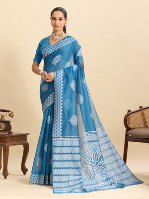 HouseOfCommon Printed, Woven Bhagalpuri Cotton Silk Saree(Blue)