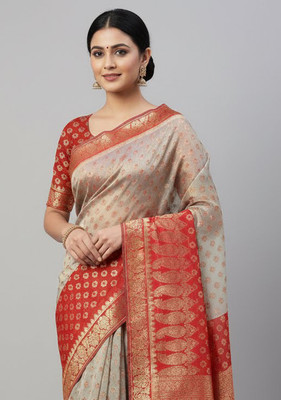 Anugrah Textile Embroidered Banarasi Lycra Blend, Chiffon Saree(Gold, Red)