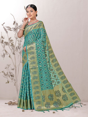 ANOUK Woven Banarasi Organza Saree(Light Blue)