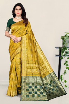 SERONA FABRICS Woven, Printed Banarasi Cotton Silk Saree(Yellow)