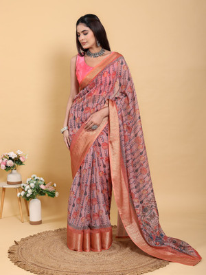 SL F Floral Print, Printed Bollywood Cotton Linen Saree(Multicolor, Pink)