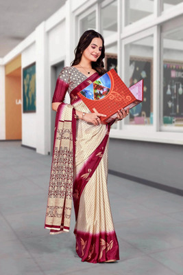 Feminista Printed, Solid/Plain Daily Wear Crepe Saree(Cream)