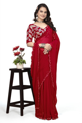 GRIFEZ Solid/Plain Bollywood Georgette Saree(Red)