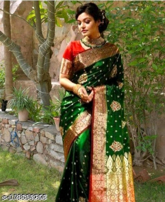 Dulhan Collection Embroidered Banarasi Satin Saree(Dark Green)