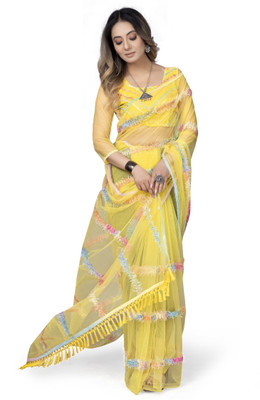 Julee Embroidered Bollywood Net Saree(Yellow)