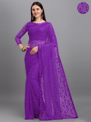 VANRAJ CREATION Self Design Bollywood Net Saree(Purple)