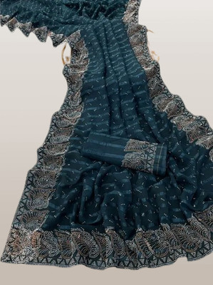SOJITRA IMPEX Embellished Banarasi Chiffon Saree(Blue)