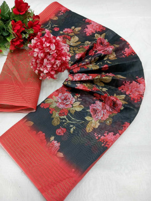 HouseOfCommon Floral Print Kanjivaram Chanderi, Pure Silk Saree(Black, Red)