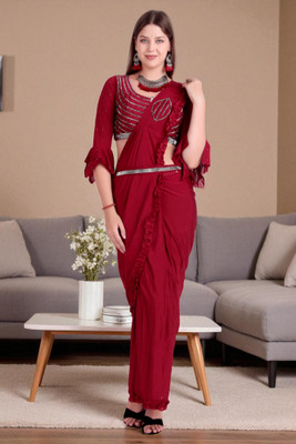 Traquila Self Design Saree with Attached Blouse Lycra Blend Saree(Maroon)