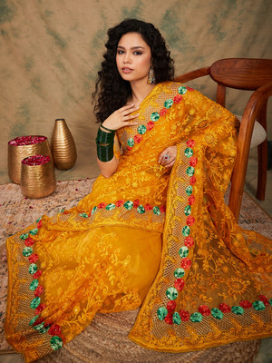 Divastri Embroidered Chanderi Net Saree(Yellow)