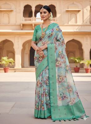 Burbarygold Floral Print Bollywood Georgette Saree(Light Green)
