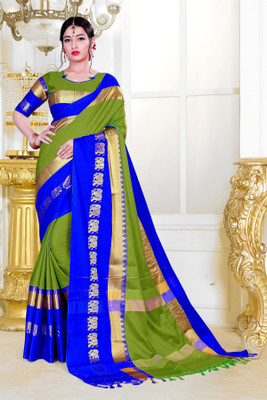 NOTABILIA Self Design Kanjivaram Art Silk, Cotton Silk Saree(Light Blue, Light Green)