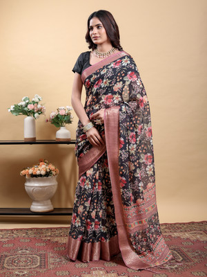 PK SAREES Printed Kalamkari Linen Saree(Multicolor)