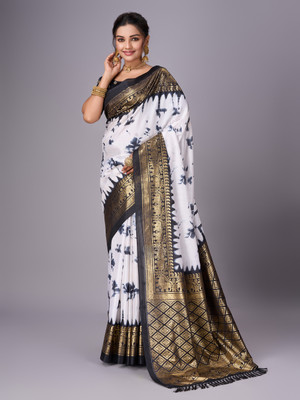 Sanjana Silks Printed Chanderi Art Silk Saree(Black)