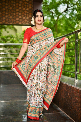 Sumit Textiles Printed Ikkat Pure Cotton Saree(Red, White, Multicolor)