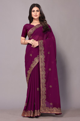 FluteFashion Embroidered Bollywood Georgette Saree(Purple)