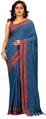 ANAMIKA Store Solid/Plain, Printed Handloom Cotton Blend Saree(Blue)