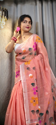 BeyondRetro Hand Painted Daily Wear Handloom Cotton Blend, Khadi Saree(Orange)