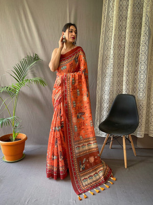 SGF11 Self Design Handloom Cotton Linen Saree(Orange)