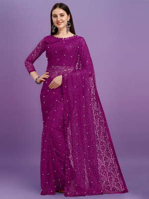 LOROFY Self Design Bollywood Net, Jacquard Saree(Purple)