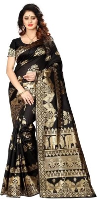 AIREVO Geometric Print Kanjivaram Tussar Silk Saree(Black)