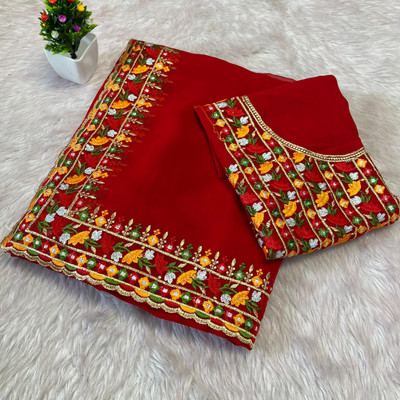 CLICKTHEMALL Solid/Plain Bollywood Georgette Saree(Red)