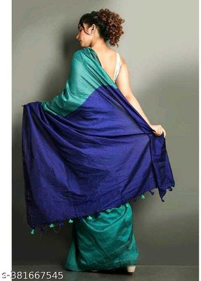 SMRITI BOUTIQUE Solid/Plain Bollywood Handloom Pure Cotton Saree(Light Blue, Blue)