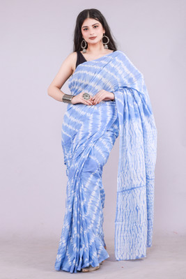RP CREATION Striped, Printed Daily Wear Pure Cotton Saree(Light Blue)