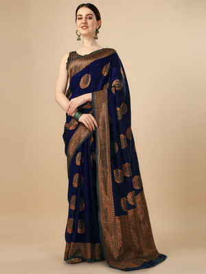 The Style Sanctuary Woven, Self Design, Geometric Print Banarasi Silk Blend Saree(Black)