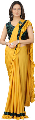 miracletex Embellished Bollywood Lycra Blend Saree(Yellow)