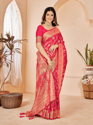 Mehrang Self Design Banarasi Pure Silk Saree(Pink)
