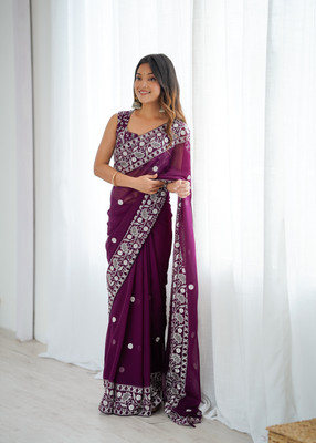 Sajavat Embroidered, Woven, Solid/Plain, Embellished Bollywood Georgette Saree(Purple)