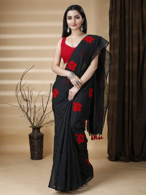 SRILOK Floral Print Handloom Art Silk Saree(Black)