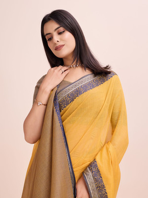 COSBILA FASHION Solid/Plain Daily Wear Pure Cotton Saree(Mustard)