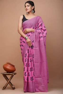 Krishna Creation Printed, Color Block, Applique Ikkat Pure Cotton Saree(Pink)