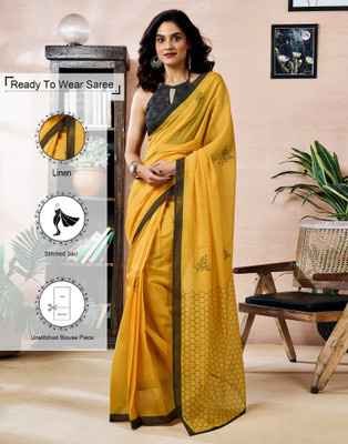 Samah Printed Daily Wear Linen Saree(Yellow)