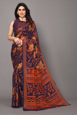 Fancy Fab Printed Daily Wear Brasso Saree(Dark Blue)