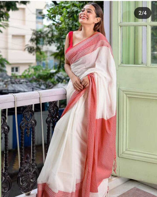 Pervas Color Block Daily Wear Cotton Linen, Silk Blend Saree(White)
