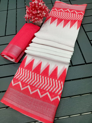 HouseOfCommon Printed Kanjivaram Cotton Linen, Pure Cotton Saree(White, Red)
