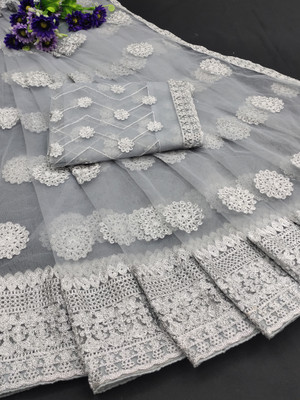 GEZREL Embroidered Leheria Net Saree(Grey)